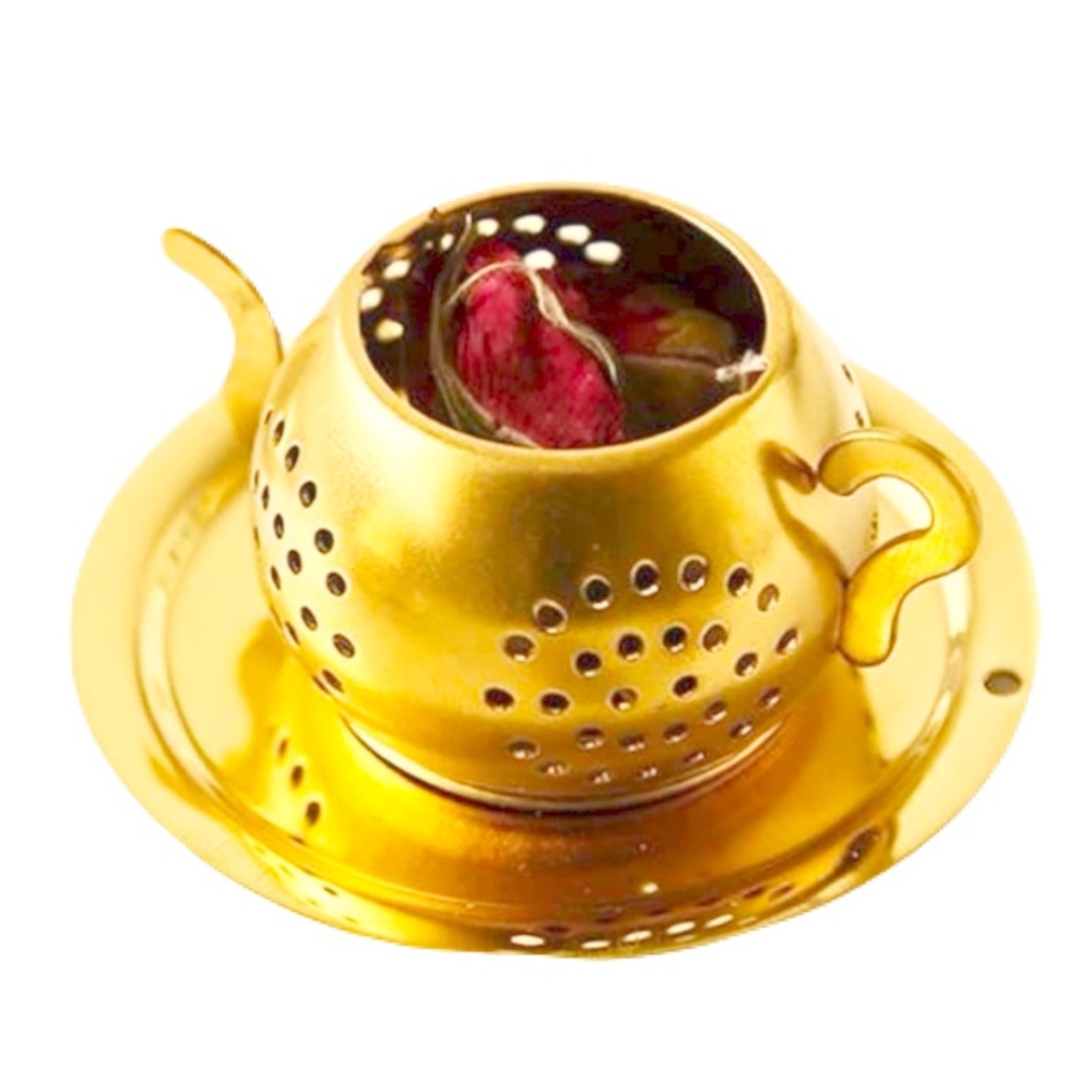 New Gold Stainless Steel Loose Leaf Tea Strainer Filter Chain Saucer Minimalist - Picture 2 of 16